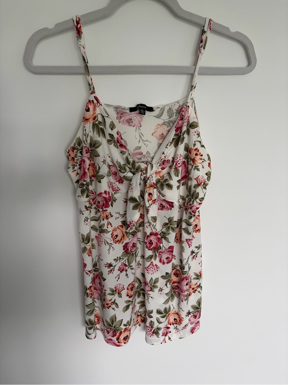 Floral Tie-Front Cami Tank Top - White with Pink/Peach Roses